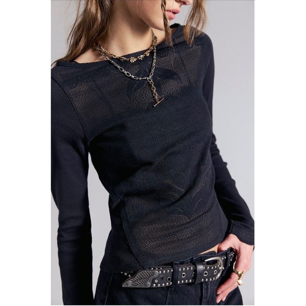 Free People Delilah Long Sleeve Top Black Sheer Knit Boat Neck Medium 105513790
